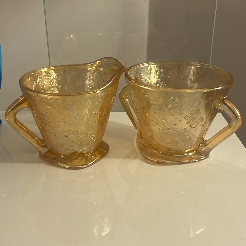 Vintage Peach carnival glass cream and sugar set